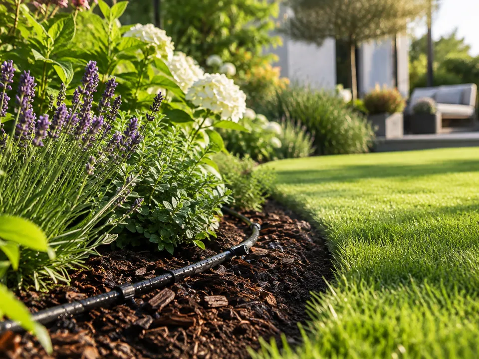 Gartenbeet mit Tropfschlauch neben gepflegtem Rasen